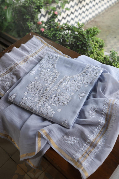 Blueish Grey Shade Mal Cotton Fine Chikankari Unstitched Fabric