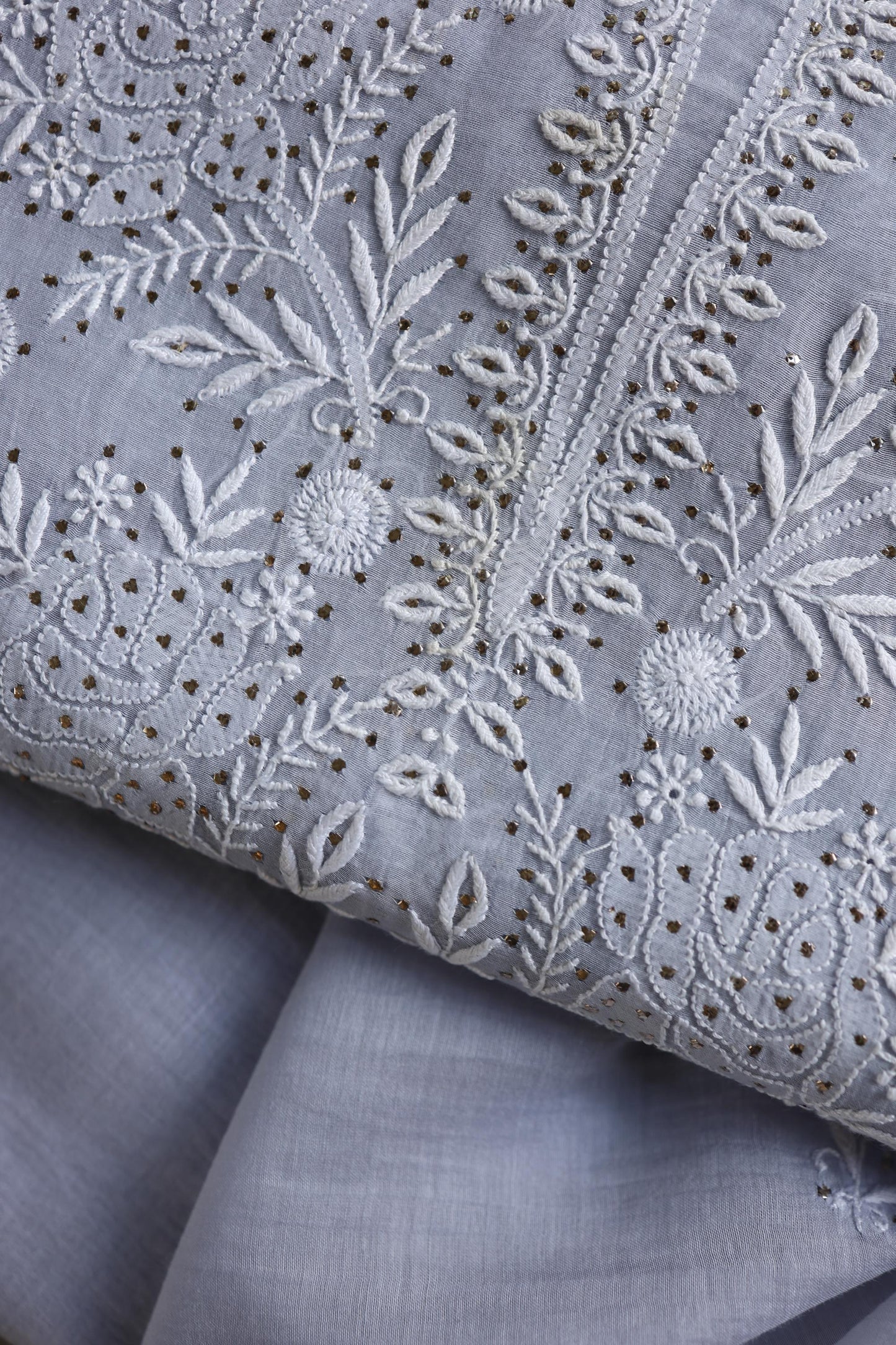 Blueish Grey Shade Mal Cotton Fine Chikankari Unstitched Fabric