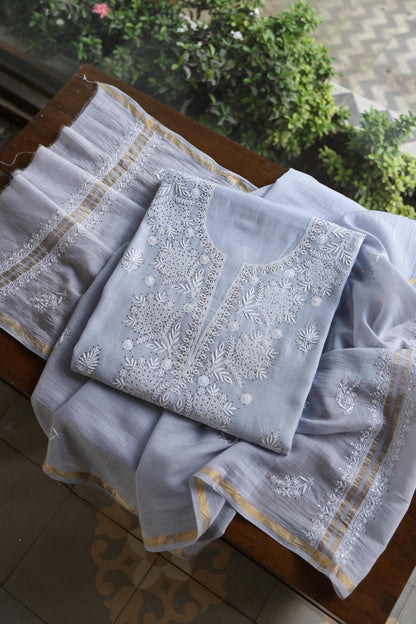 Blueish Grey Shade Mal Cotton Fine Chikankari Unstitched Fabric