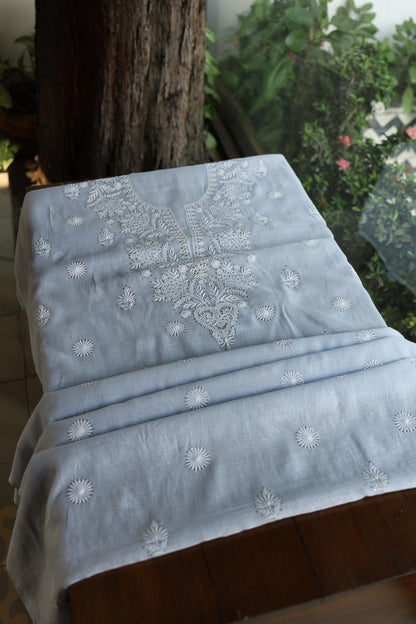 Blueish Grey Shade Mal Cotton Fine Chikankari Unstitched Fabric