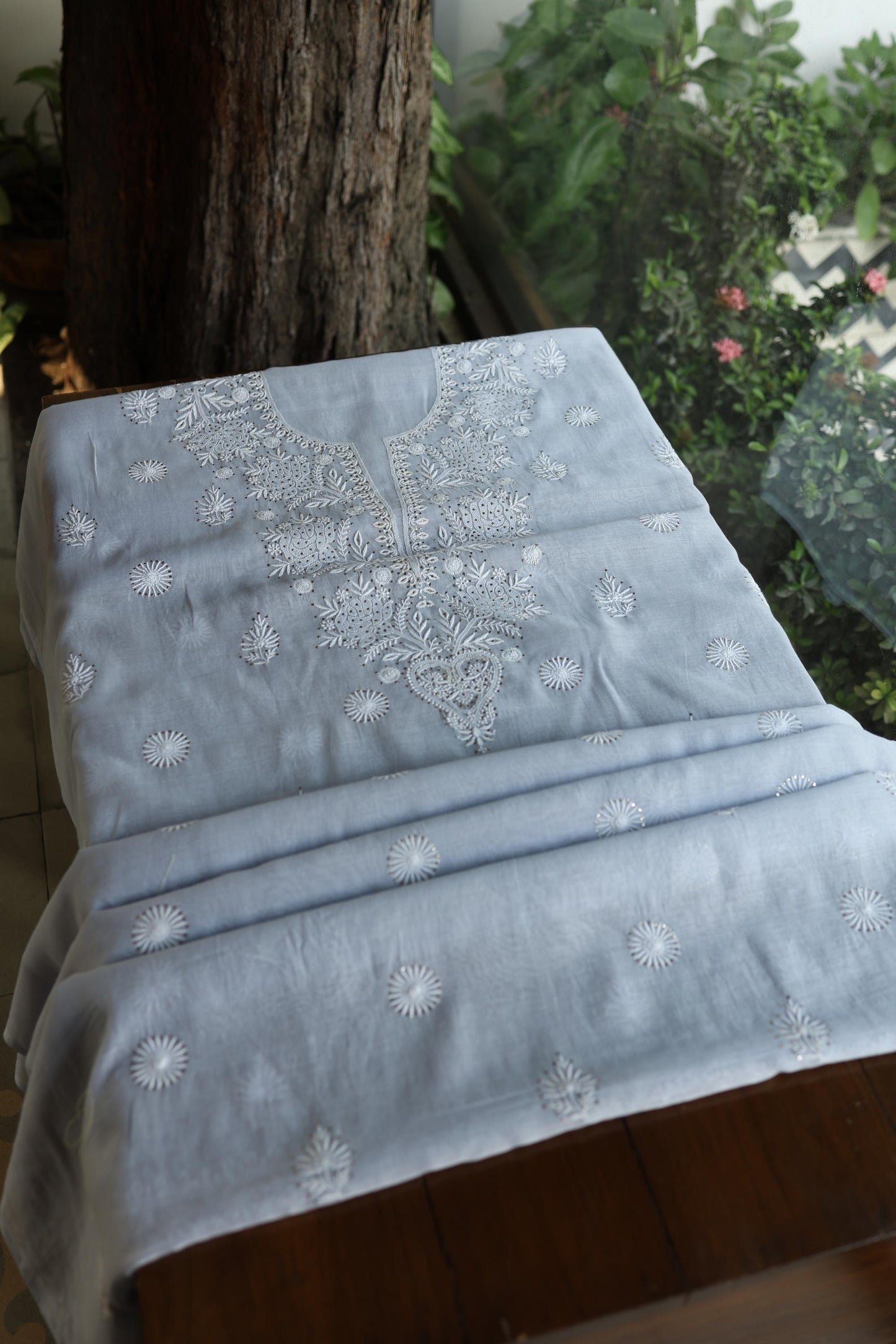 Blueish Grey Shade Mal Cotton Fine Chikankari Unstitched Fabric