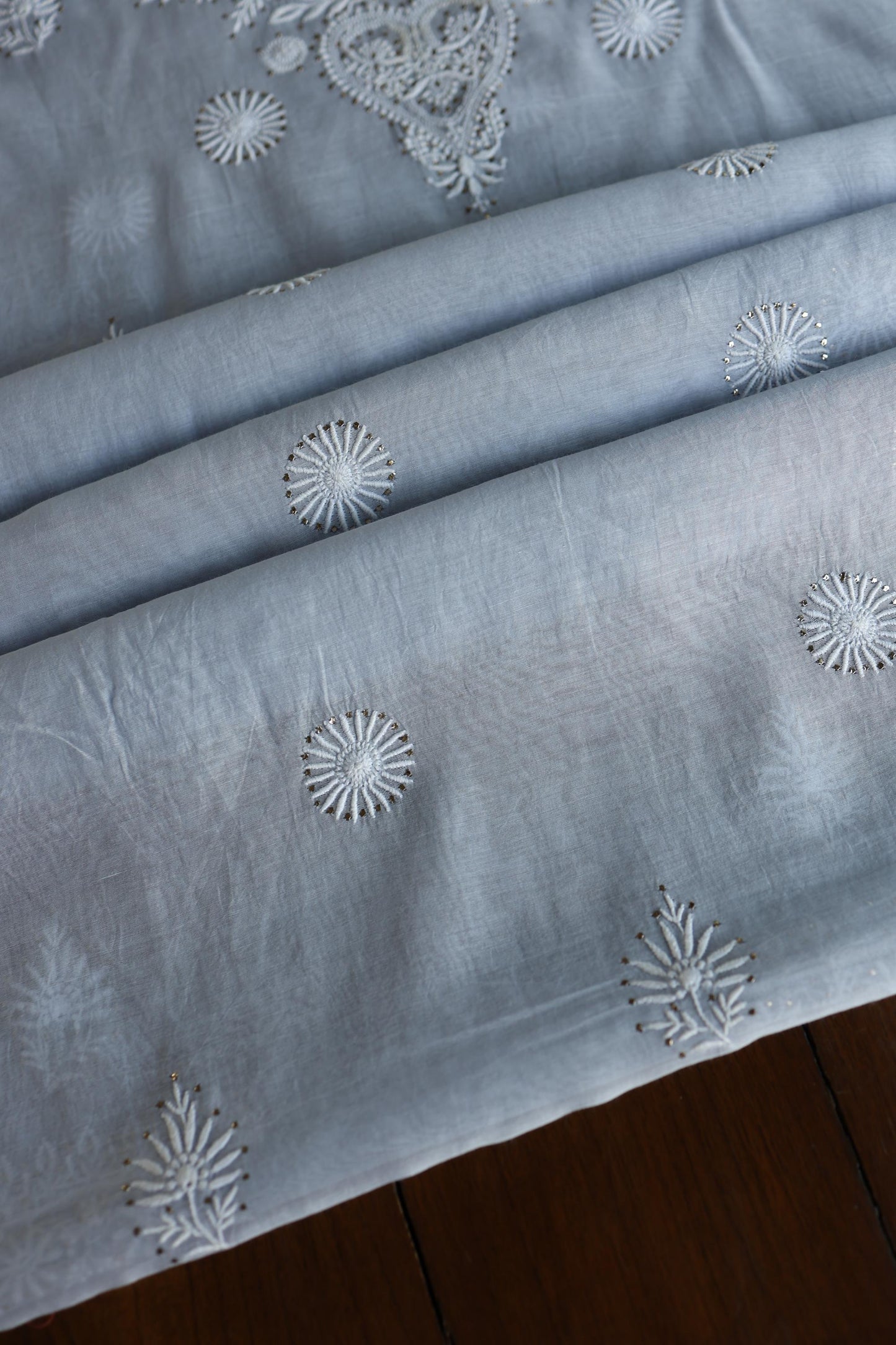 Blueish Grey Shade Mal Cotton Fine Chikankari Unstitched Fabric