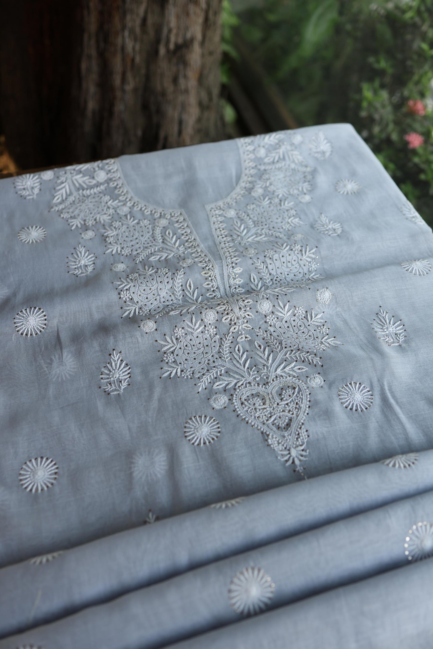 Blueish Grey Shade Mal Cotton Fine Chikankari Unstitched Fabric