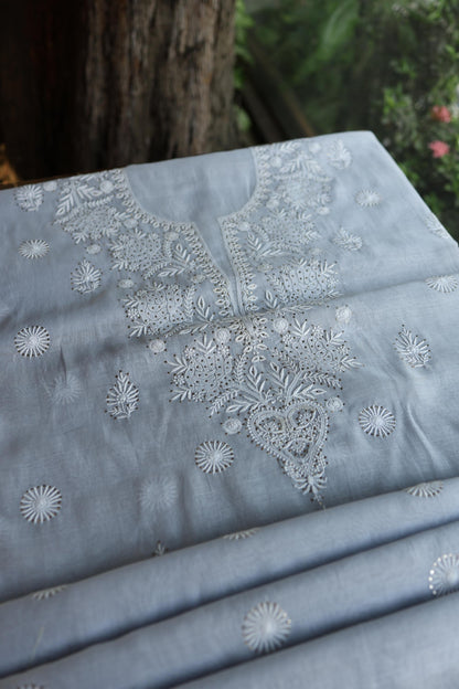 Blueish Grey Shade Mal Cotton Fine Chikankari Unstitched Fabric