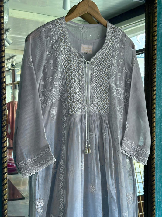 Bluish Grey Kota Chikankari Kurta With Mukaish Work