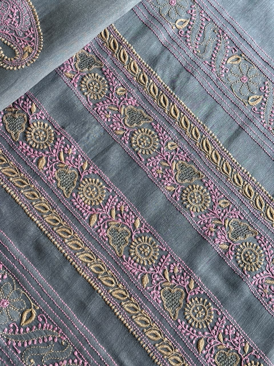 Bluish Grey Shade Moonga Silk Chikankari Men’s Kurta Fabric