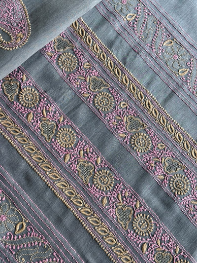 Bluish Grey Shade Moonga Silk Chikankari Men’s Kurta Fabric