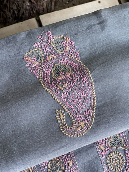 Bluish Grey Shade Moonga Silk Chikankari Men’s Kurta Fabric