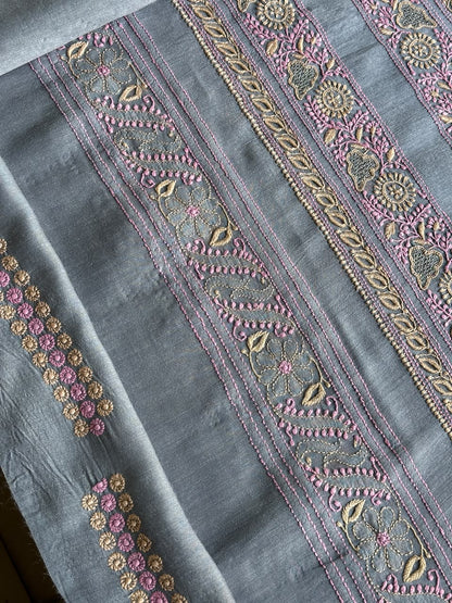 Bluish Grey Shade Moonga Silk Chikankari Men’s Kurta Fabric