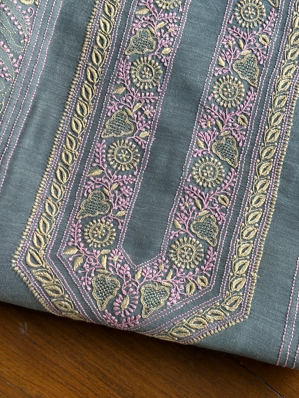 Bluish Grey Shade Moonga Silk Chikankari Men’s Kurta Fabric