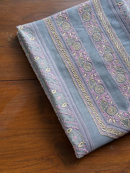 Bluish Grey Shade Moonga Silk Chikankari Men’s Kurta Fabric