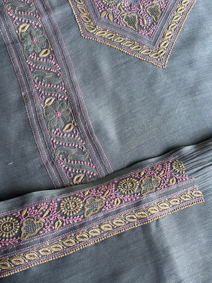 Bluish Grey Shade Moonga Silk Chikankari Men’s Kurta Fabric