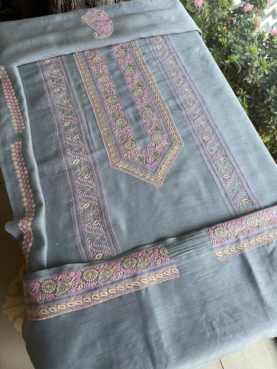 Bluish Grey Shade Moonga Silk Chikankari Men’s Kurta Fabric
