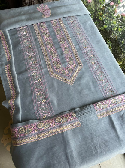 Bluish Grey Shade Moonga Silk Chikankari Men’s Kurta Fabric