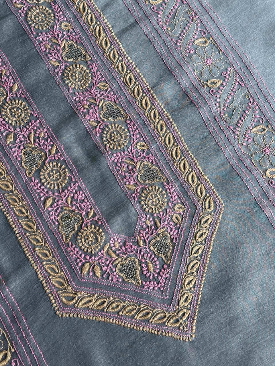 Bluish Grey Shade Moonga Silk Chikankari Men’s Kurta Fabric
