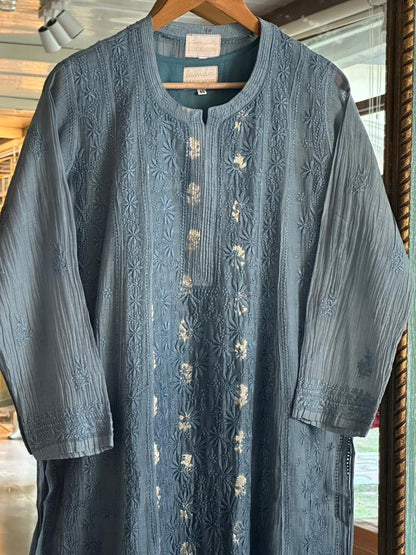 Bluish Grey Zari Chanderi Chikankari Ready to Wear Tunics