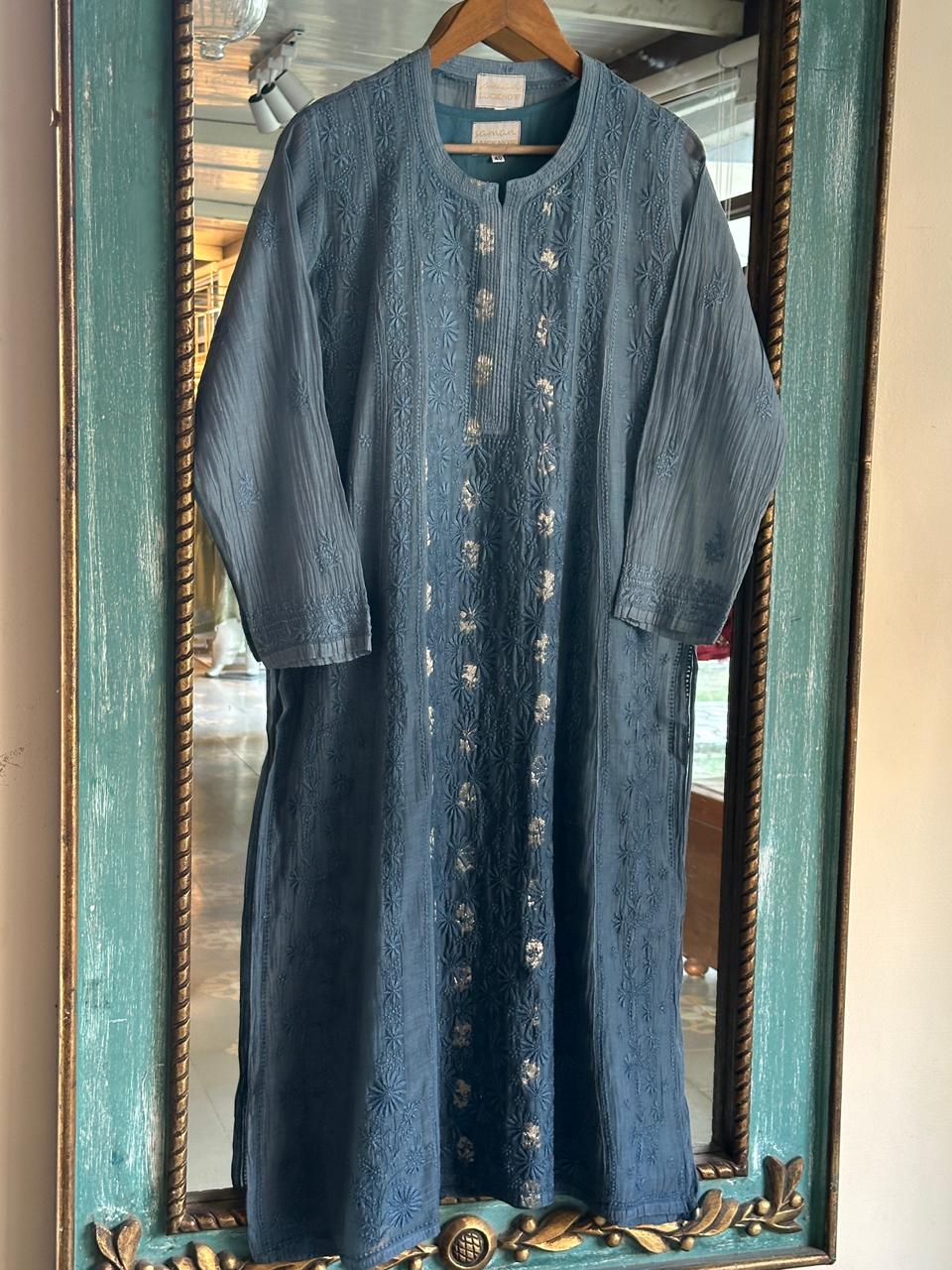 Bluish Grey Zari Chanderi Chikankari Ready to Wear Tunics