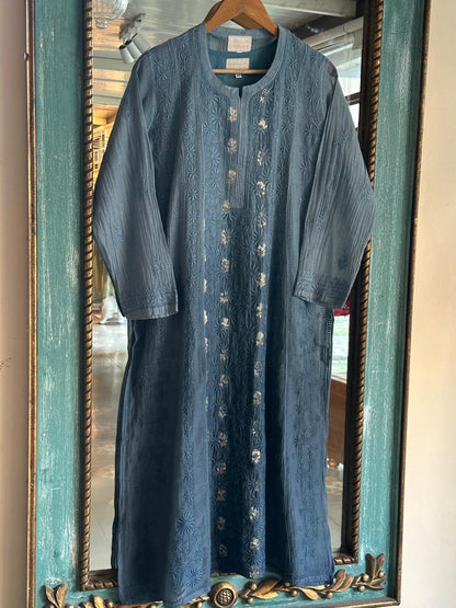 Bluish Grey Zari Chanderi Chikankari Ready to Wear Tunics
