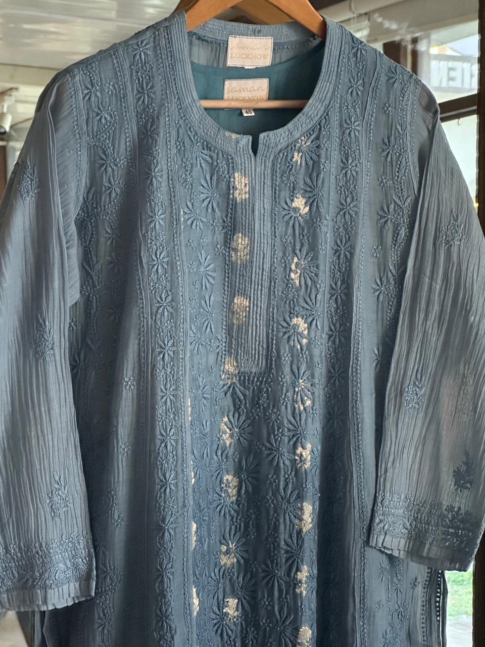 Bluish Grey Zari Chanderi Chikankari Ready to Wear Tunics