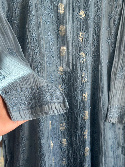 Bluish Grey Zari Chanderi Chikankari Ready to Wear Tunics