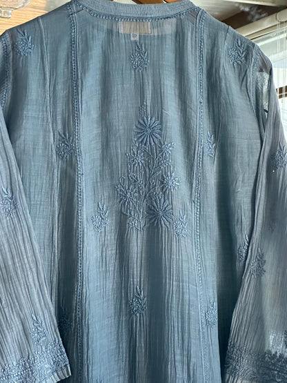 Bluish Grey Zari Chanderi Chikankari Ready to Wear Tunics