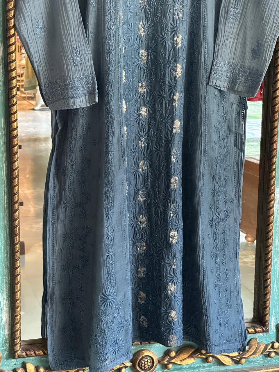 Bluish Grey Zari Chanderi Chikankari Ready to Wear Tunics