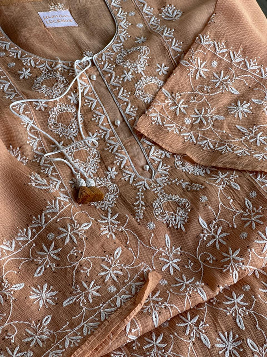 Blush Peach Shade Semi Stitched Kota Tepchi Chikankari Kurta Dupatta Set