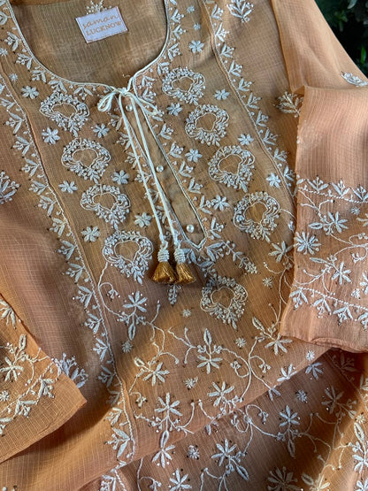 Blush Peach Shade Semi Stitched Kota Tepchi Chikankari Kurta Dupatta Set