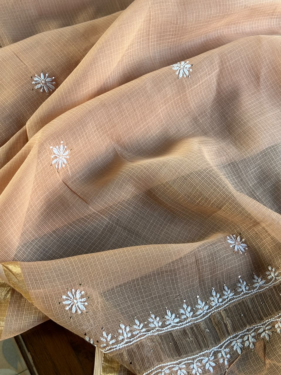 Blush Peach Shade Semi Stitched Kota Tepchi Chikankari Kurta Dupatta Set