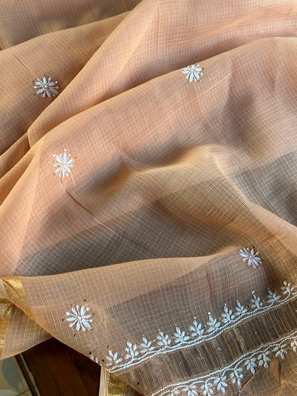 Blush Peach Shade Semi Stitched Kota Tepchi Chikankari Kurta Dupatta Set