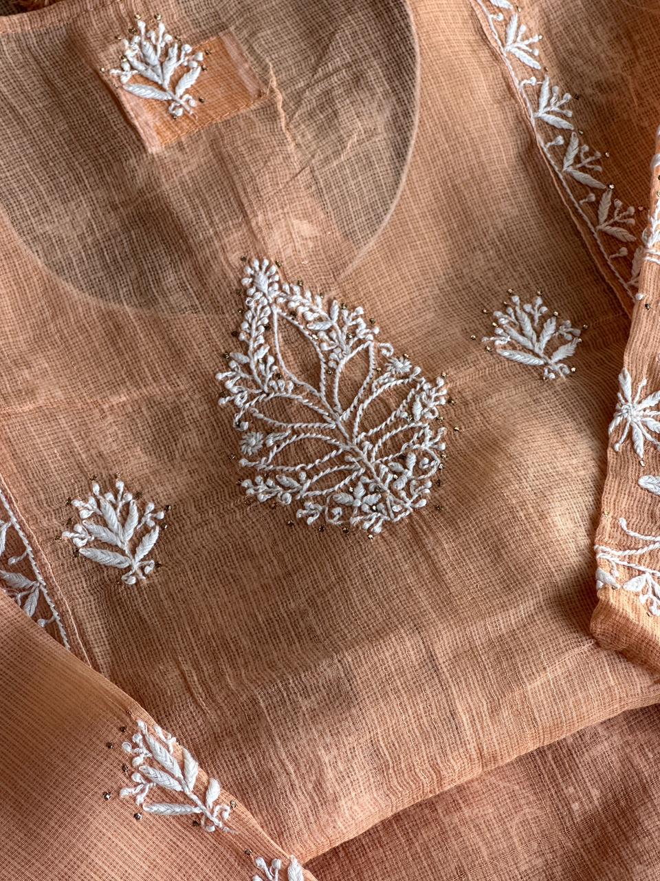 Blush Peach Shade Semi Stitched Kota Tepchi Chikankari Kurta Dupatta Set