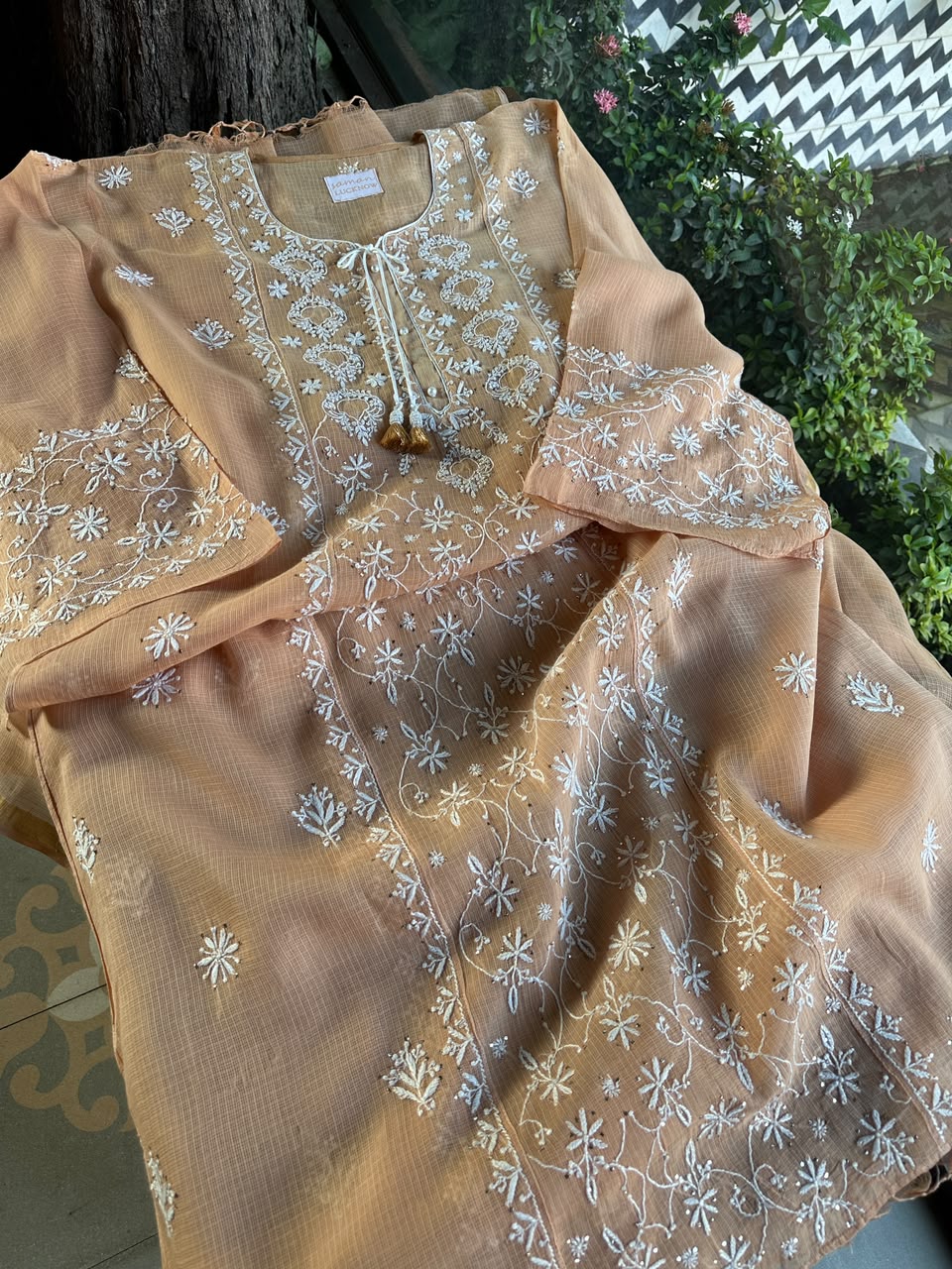 Blush Peach Shade Semi Stitched Kota Tepchi Chikankari Kurta Dupatta Set