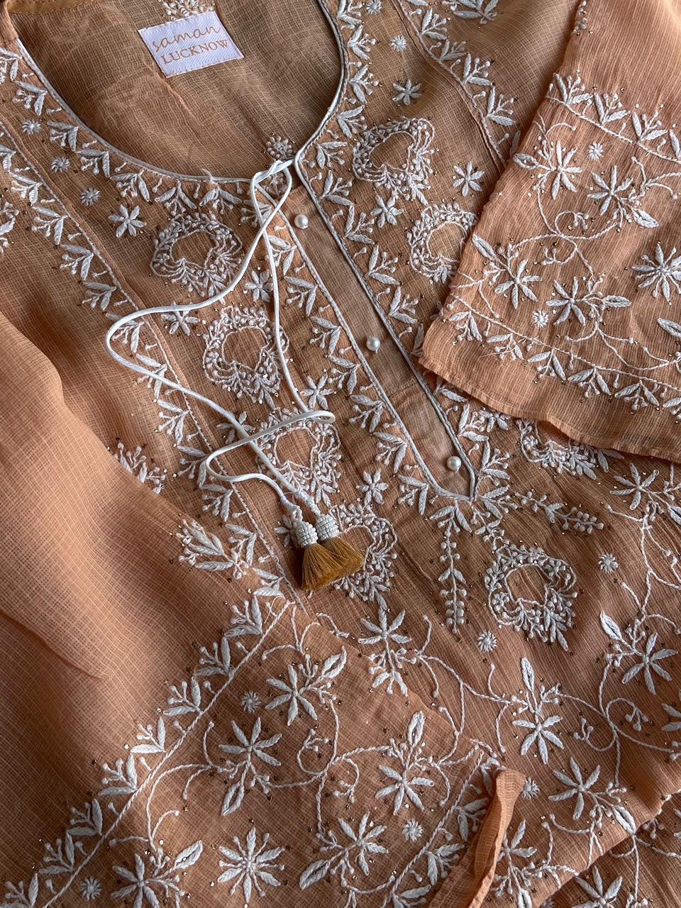 Blush Peach Shade Semi Stitched Kota Tepchi Chikankari Kurta Dupatta Set