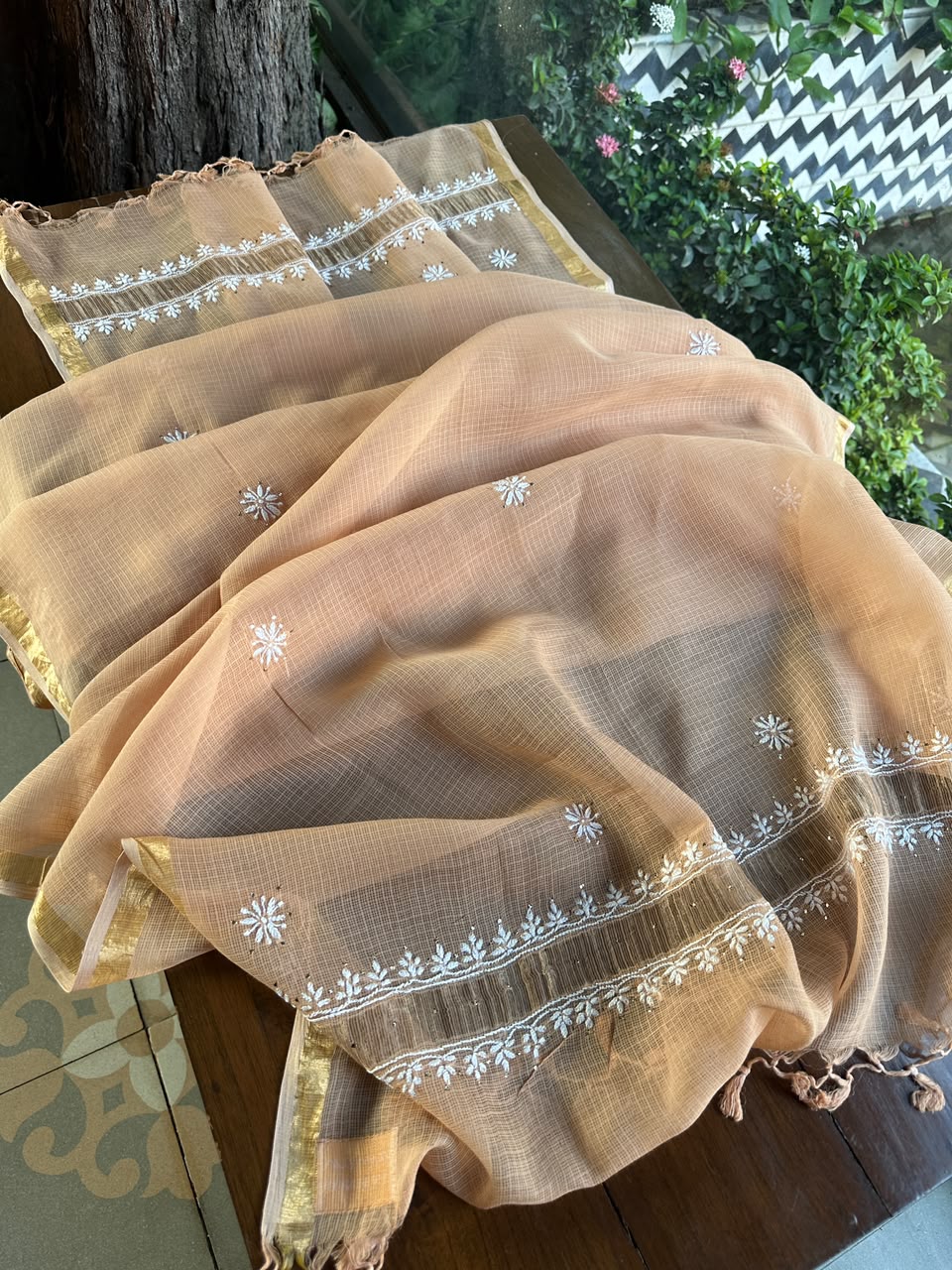 Blush Peach Shade Semi Stitched Kota Tepchi Chikankari Kurta Dupatta Set