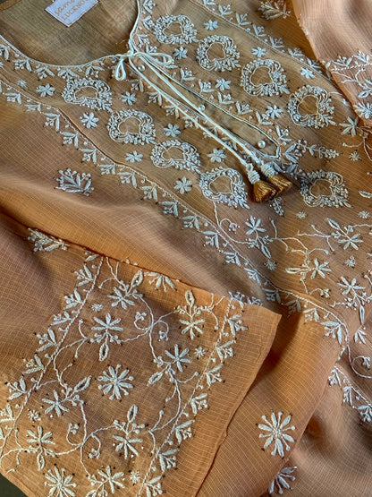 Blush Peach Shade Semi Stitched Kota Tepchi Chikankari Kurta Dupatta Set