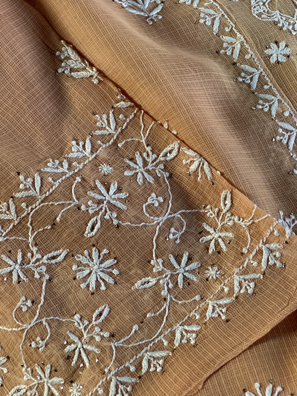 Blush Peach Shade Semi Stitched Kota Tepchi Chikankari Kurta Dupatta Set