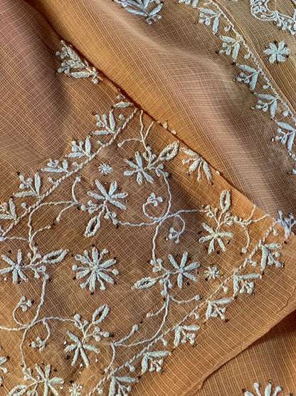 Blush Peach Shade Semi Stitched Kota Tepchi Chikankari Kurta Dupatta Set