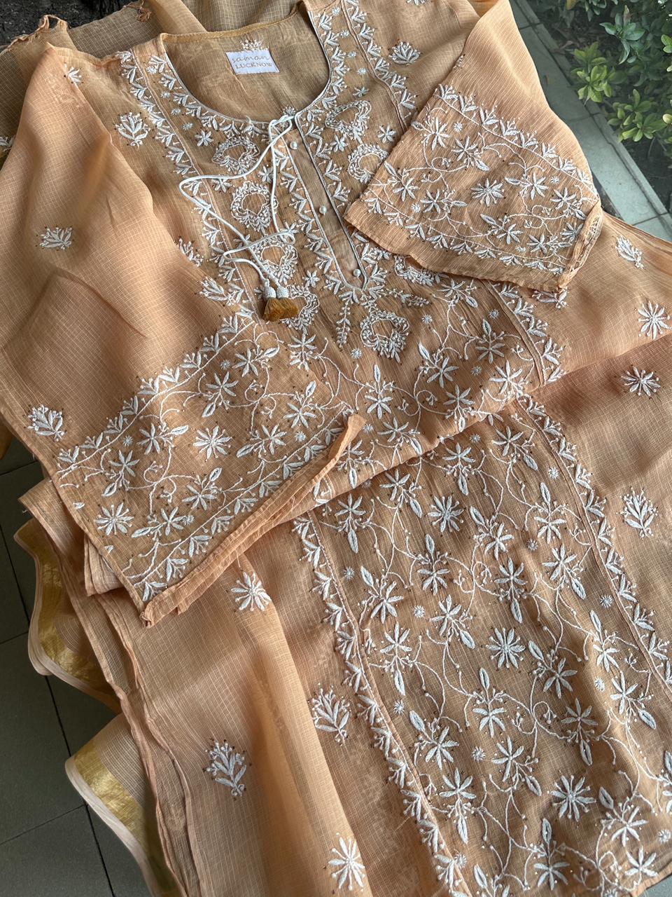 Blush Peach Shade Semi Stitched Kota Tepchi Chikankari Kurta Dupatta Set