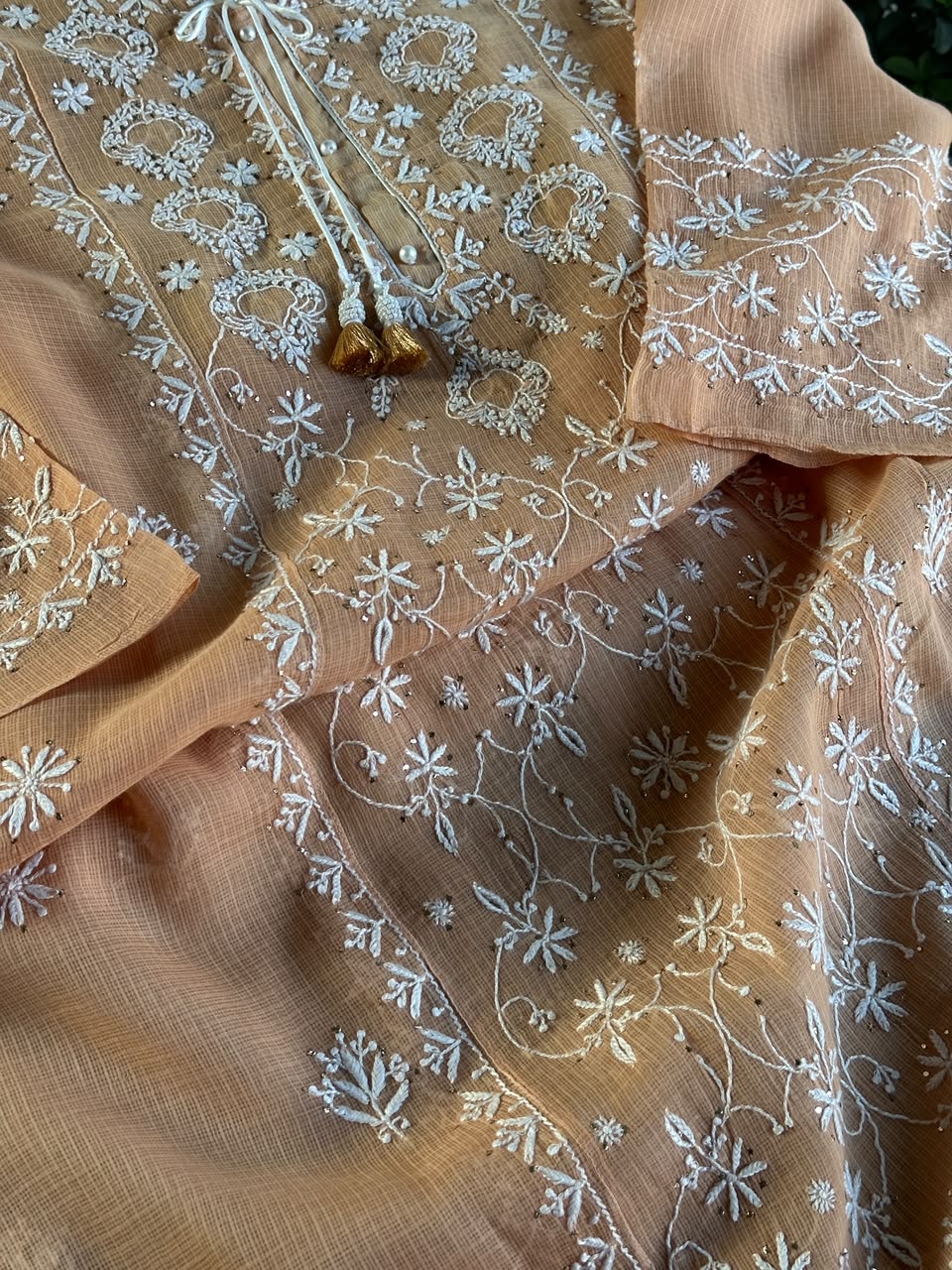 Blush Peach Shade Semi Stitched Kota Tepchi Chikankari Kurta Dupatta Set