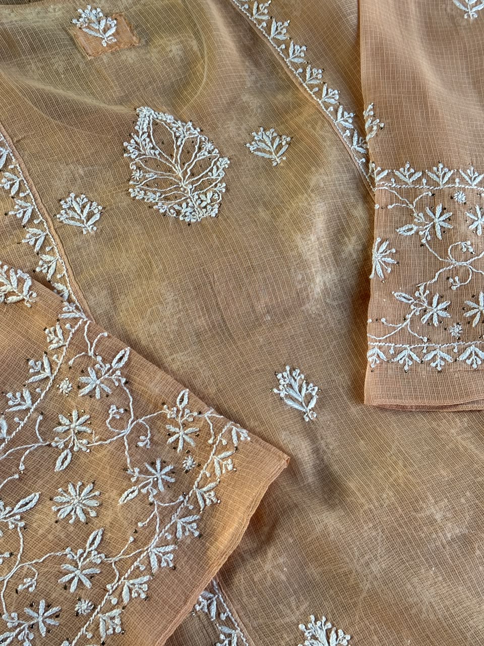 Blush Peach Shade Semi Stitched Kota Tepchi Chikankari Kurta Dupatta Set