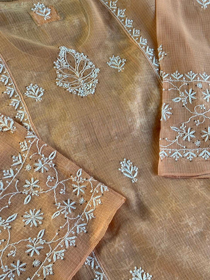 Blush Peach Shade Semi Stitched Kota Tepchi Chikankari Kurta Dupatta Set