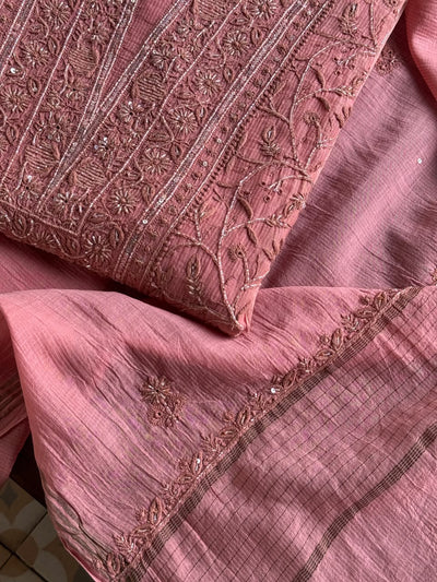 Blush Pink Shade Chanderi Silk Mukaish Badla Unstitched Fabric