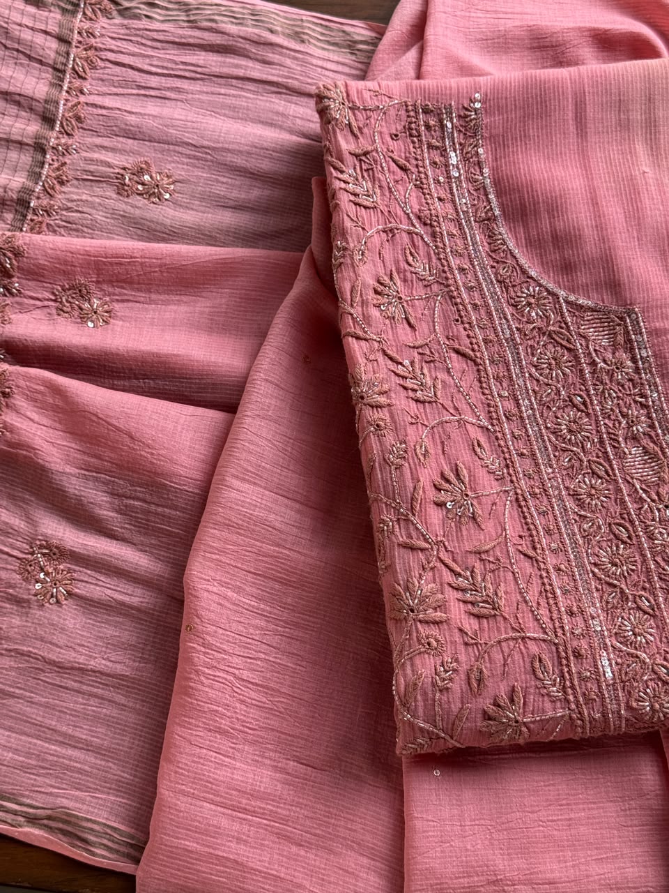 Blush Pink Shade Chanderi Silk Mukaish Badla Unstitched Fabric
