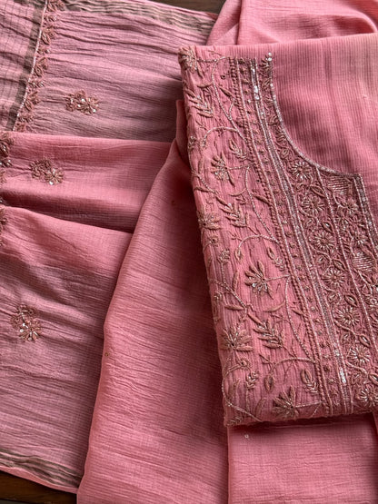 Blush Pink Shade Chanderi Silk Mukaish Badla Unstitched Fabric