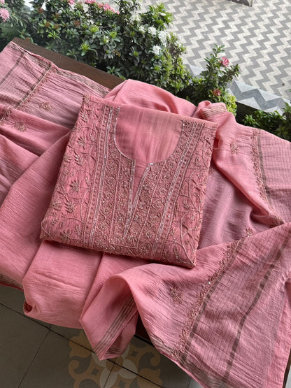 Blush Pink Shade Chanderi Silk Mukaish Badla Unstitched Fabric