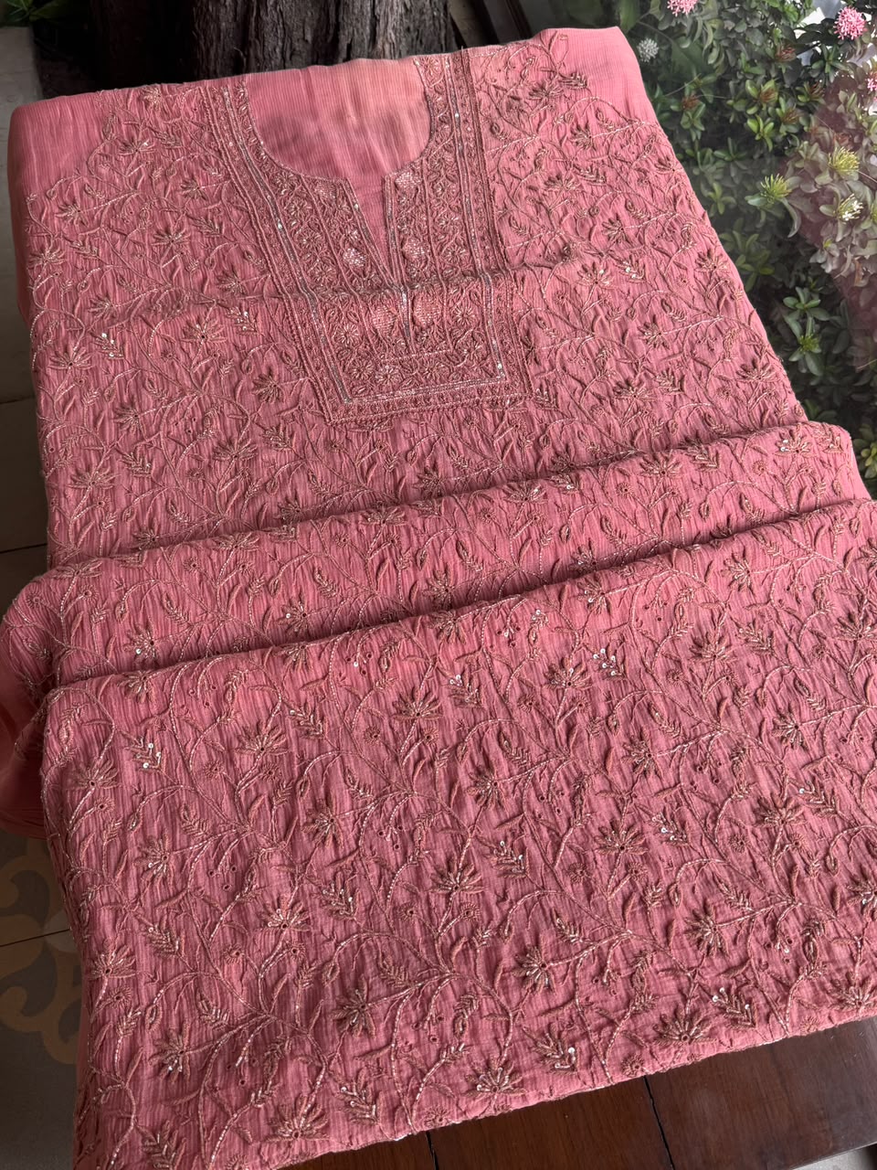Blush Pink Shade Chanderi Silk Mukaish Badla Unstitched Fabric
