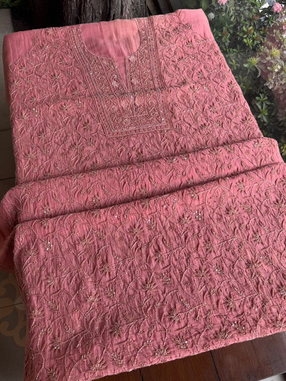Blush Pink Shade Chanderi Silk Mukaish Badla Unstitched Fabric