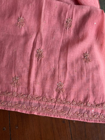 Blush Pink Shade Chanderi Silk Mukaish Badla Unstitched Fabric