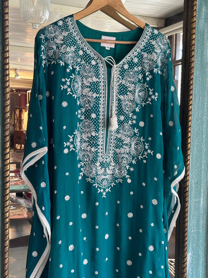 Bottle Green | Chiffon Chikankari Kaftan