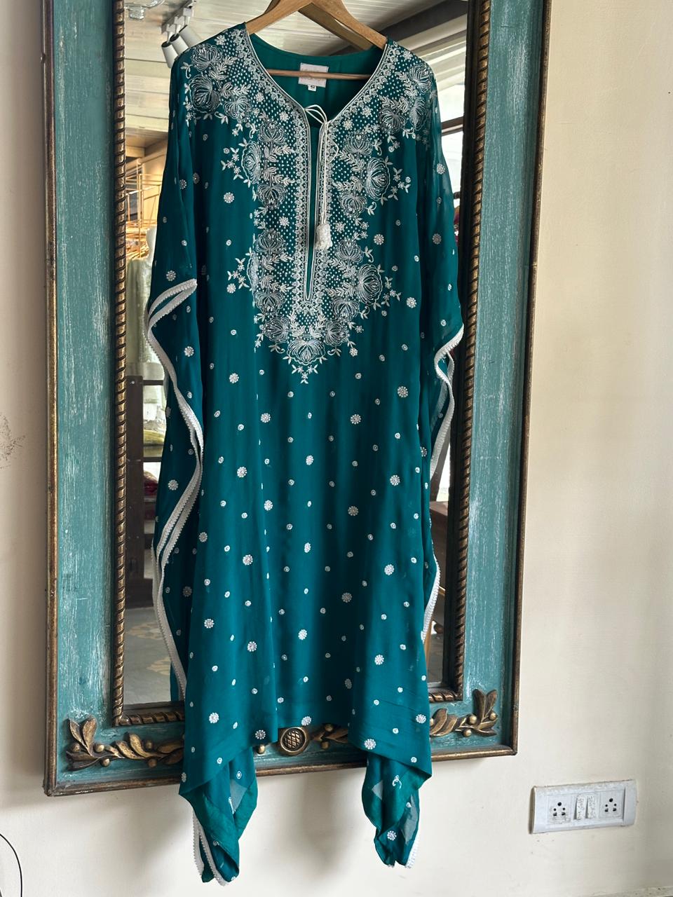 Bottle Green | Chiffon Chikankari Kaftan